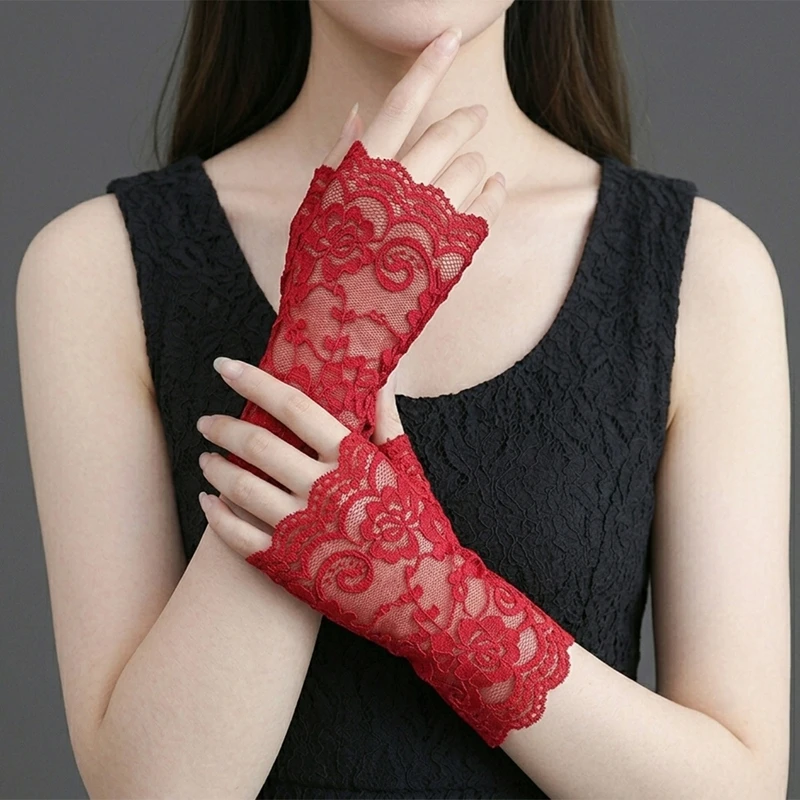 Floral Lace Fingerless Gloves Elegant Mesh Hollow Short Wrist Cuffs Lolita Cosplay Driving Stretch Hand Sleeves Party Accessory