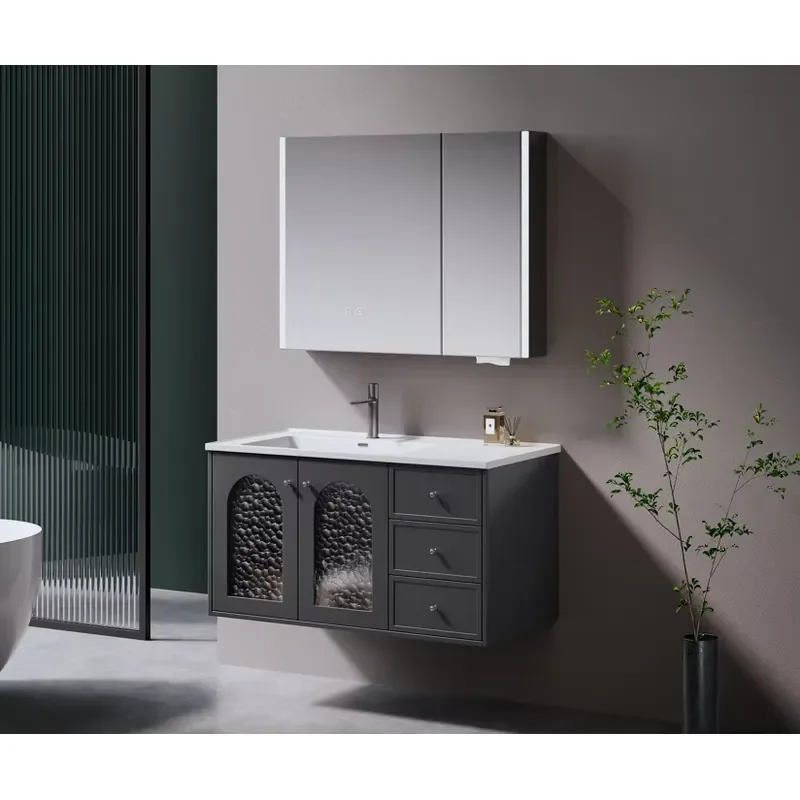 Grey Modern Intelligent Hotel Use Bathroom Cabinet Combination 80/90/100cm Multi-Layer Solid Wood Wall-Mounted Defogging