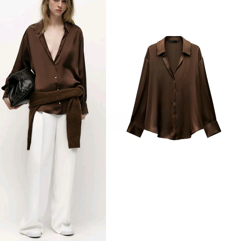 Zijde Satijn Lange Sve Turn-down Kraag Enkele Knoop Dames irt Lente Nieuwe Collectie Loose Fit Pendelen Sle Dun Polyester...