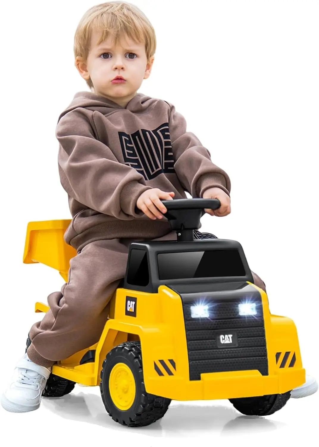 Licensed Ride on Dump Truck, 6V Cat Construction Car Electric Vehicle with Adjustable Dump Bed, Horn, Headlight, Bucket, Battery