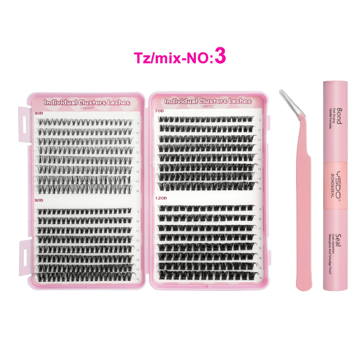 YSDO DIY Wimpernverlängerungsset 14/32P Einzelwimpern-Set Cluster D Curl 9-16mm Mix 30D-120D Wimperncluster mit Bindung und Dichtung – Detail 3
