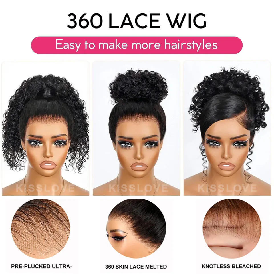 Kisslove onda de água invisi cinta 360 perucas cheias do laço cabelo humano pré corte peruca do laço perucas sem cola cabelo humano 360 perucas frontais do laço