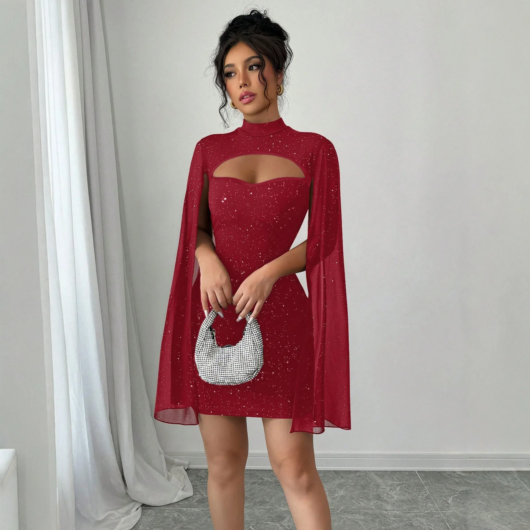 Ele High Waist Knitted Chiffon Pearl Embellied round Ne Bodycon Dr Women's Cross-Border Faion Summer Dr