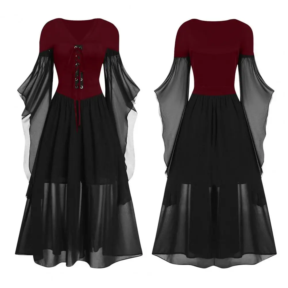 Women Cosplay Dress Gothic Style Witch Halloween Party Costume Lace-up Strap V Neck Long Horn Sleeves A-line Performance Dress