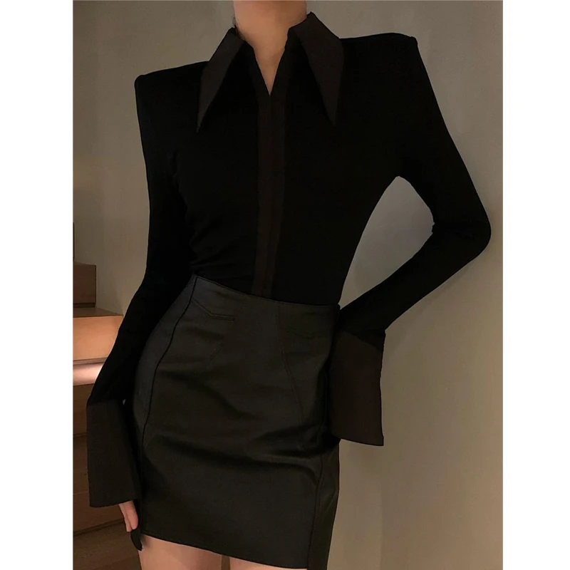 Spicy Girl V-neck Solid Shirt Tops Spring Autumn New Long Sleeve Black Slim Temperament Blouse Elegant Fashion Women Clothing