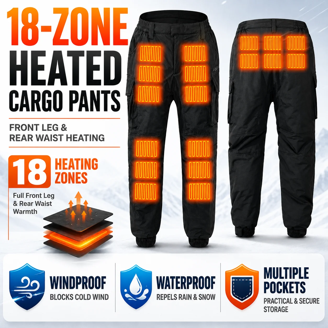 Men's 18-Zone Heated Cargo Pants Windproof Waterproof Thermal Work Trousers with Multiple Pockets for Winter Outdoor Activities