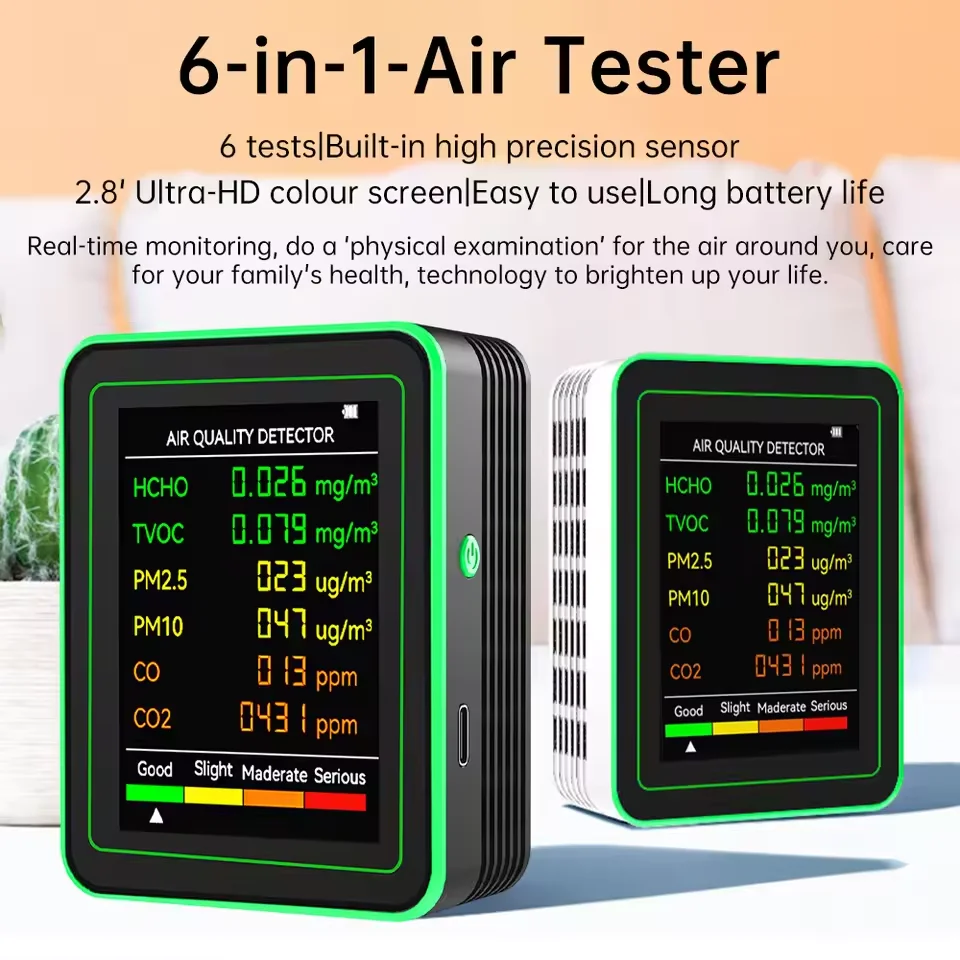 Moniteur de qualité de l'air 6 en 1, affichage automatique multifonctionnel, CO2 TVOC HCHO PM2.5 PM10, détecteur de CO, testeur de qualité de l'air pour le bureau et la maison