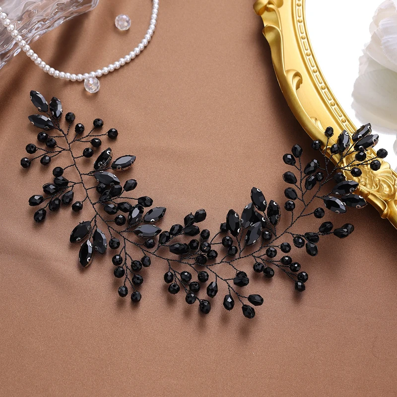 Black Crystal Beaded Hair Vine Headpiece Handmade Vintage Bridal Headband For Women Wedding Hair Accessories