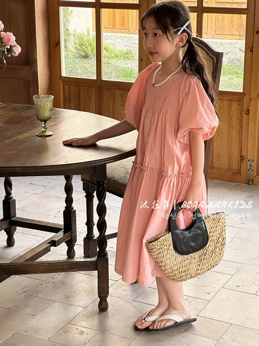 Girls Summer Clothes Bubble Sleeves Fashion Dress 2024 New Summer Childrens Princess Knee-length Dress Pink Trend