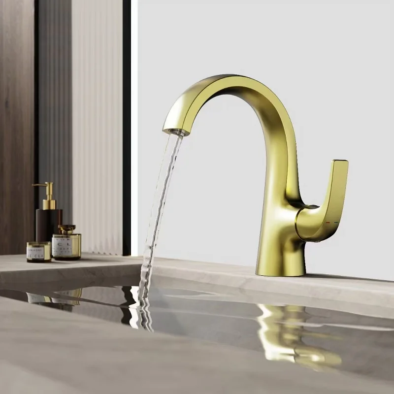 

Newest Brass Brushed Gold Bathroom sink faucet Modern One Hole Hot cold water Basin faucet High Quality Copper washbasin Tap
