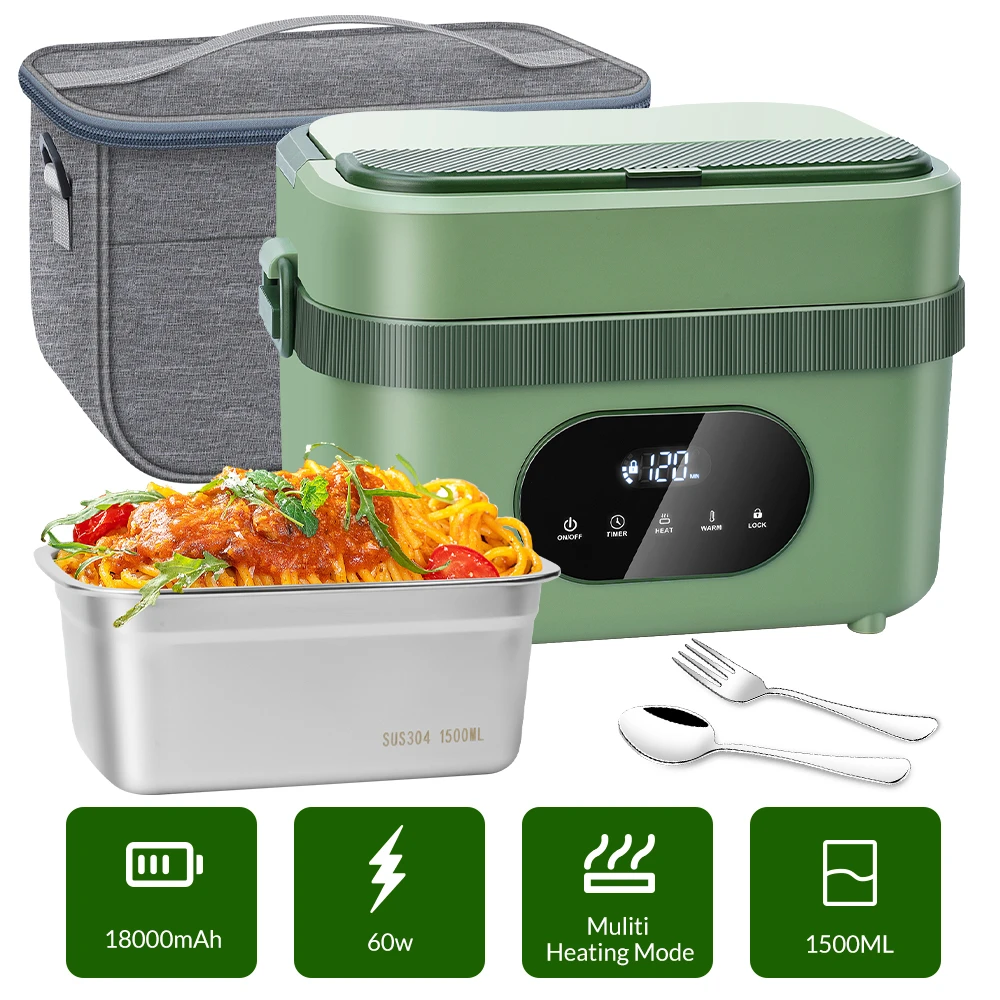 1.5L Cordless Electric Heated Lunch Box 18000mAh Rechargeable Battery 60W Food Warmer with Timer 304 Stainless Steel Container Portable Thermal Lunch Box For Work Travel Office