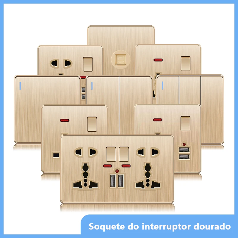 Tomada de alimentação plástica universal dourada de 3/5 pinos, tomada de parede do reino unido com porta usb dupla 2.1a, interruptor elétrico de 2 vias 220v tv computador cat6