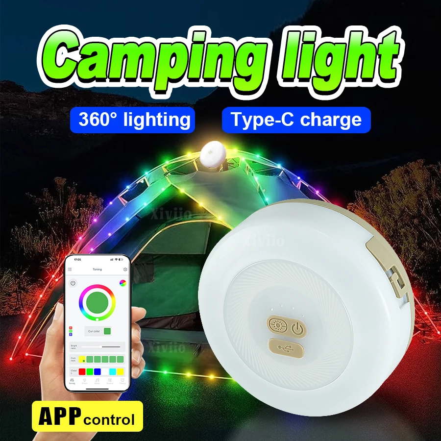 Camping Light LED Reel String Lights App Control Outdoor USB Camping Lamp Recyclable LED Night Light For Garden Tent Room Decor