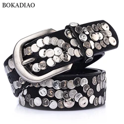BOKADIAO Women Belt Fashion Punk Pin Buckle Vintage Rivets Luxury Lady's Original Leather Belts For Women Jeans Waistband Female