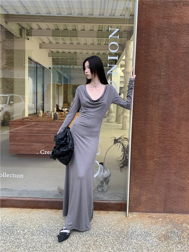 CHEERART Cowls Gray Long Sleeve Maxi Dress Tunics A Line Knitted Long Casual Dress For Women 2024 Spring Dresses