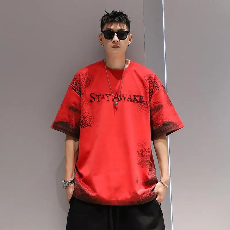 Pure cotton oversized scale pattern retro T-shirt for men's summer thin style trend loose and fat adding versatile short sleeves