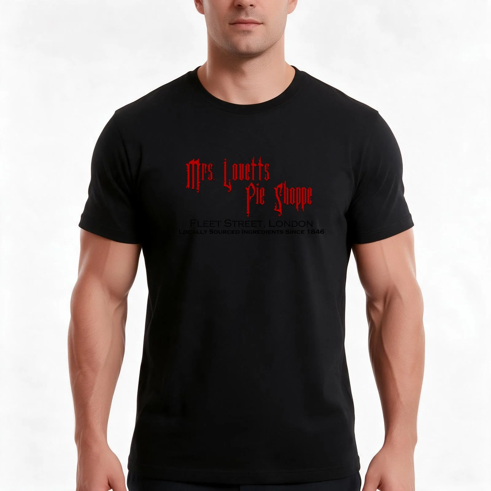 Mrs. Lovett's Pie Shoppe (Red/Black) T-Shirt, Summer Casual Cotton Tee, Oversized Streetwear Tops, Vintage Graphic Print
