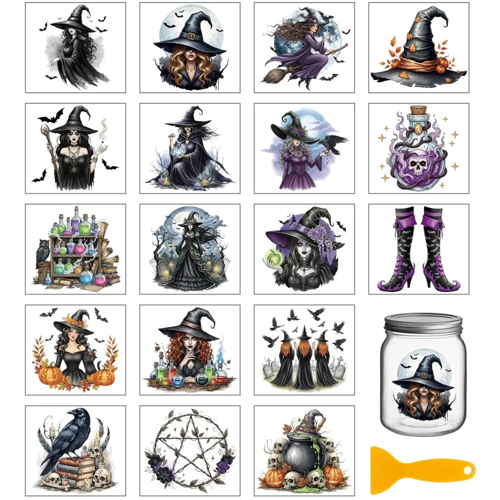 18 Blatt Halloween-Hexen-Transferaufkleber, 3,9 x 3,6 Zoll, bunter magischer Transferaufkleber, Reiben Sie den Transfer für Tassenaufkleber, Vasenglas
