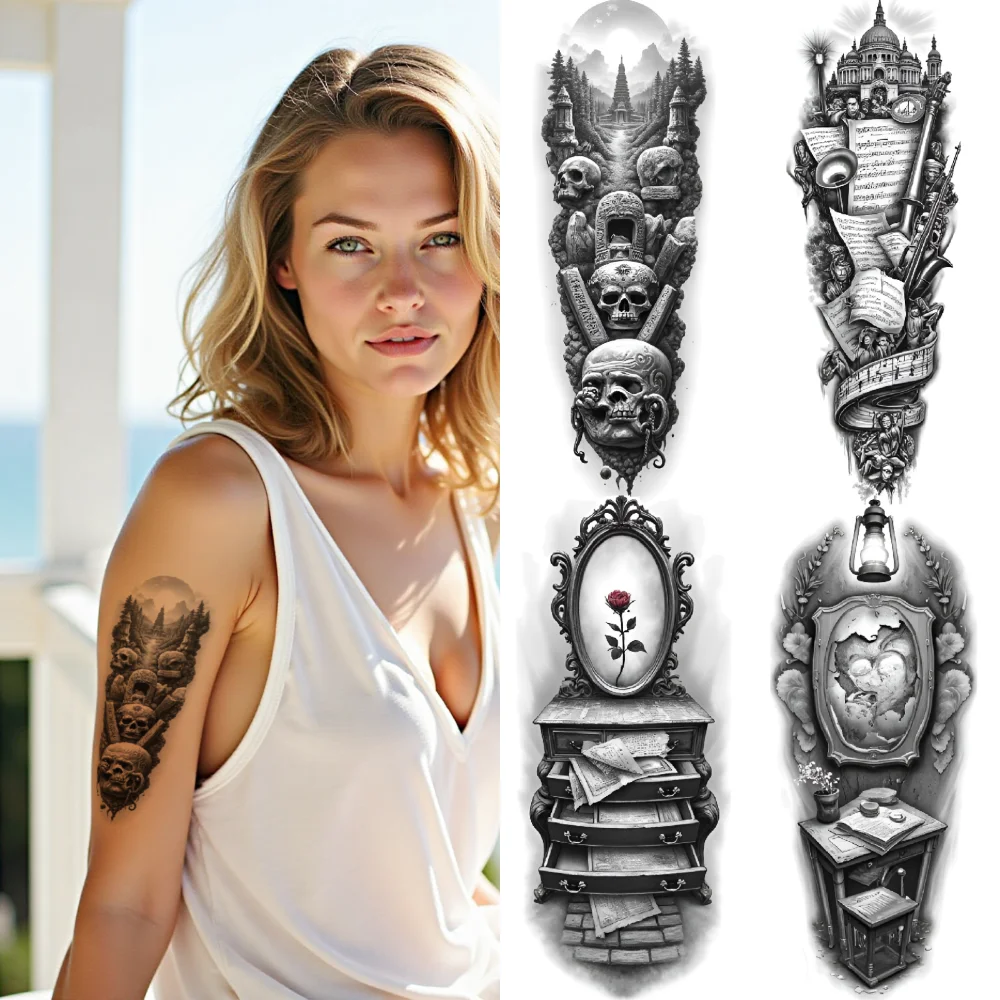 

3pcs Temporary Tattoo Books And Desk Waterproof Long-lasting Body Stickers Castle And Scroll Heart And Key For Arms Men