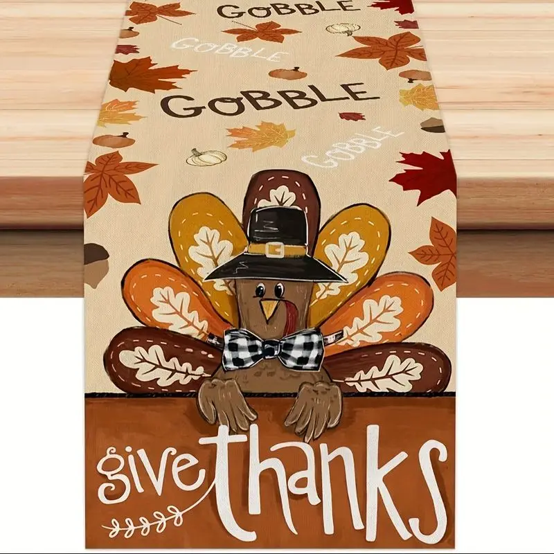 VIKAMA Fall Thanksgiving Table Runner Cute Turkey Give Thanks Pattern Tablecloth Holiday Home Party Table Decoration