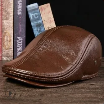 

New Men's Winter Hat Thicker Warm Cowhide Leather Berets With Ears Snapback Cap Brands Fashion Cap Male Bone Dad's Hats