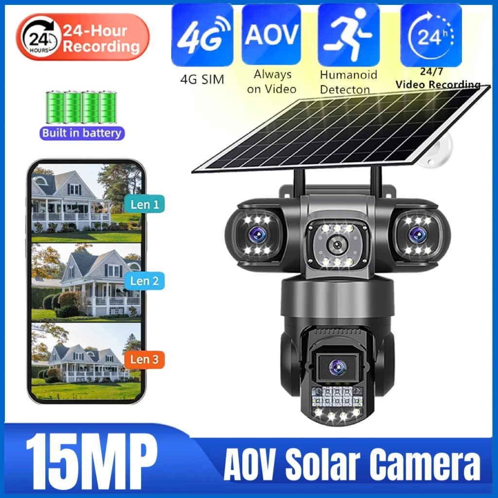 Cámara Solar AOV 4G 15MP 10X Zoom vigilancia en exterior tres lentes seguridad CCTV 24/7 grabación PTZ seguimiento automático detección humana