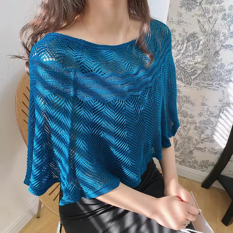 New Knitted Hollow Pullover Outer Shawl Solid Color Fashion Elegant Casual Shoulder Shawl Korean Version Summer Outerwear Shawl
