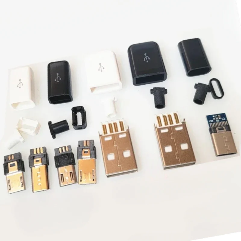 10set Micro USB 5Pin Soldering Type Male Plug Connector Charger 5P MicroUSB Tail Charging Socket Repair Plugs 4 in 1 Black White