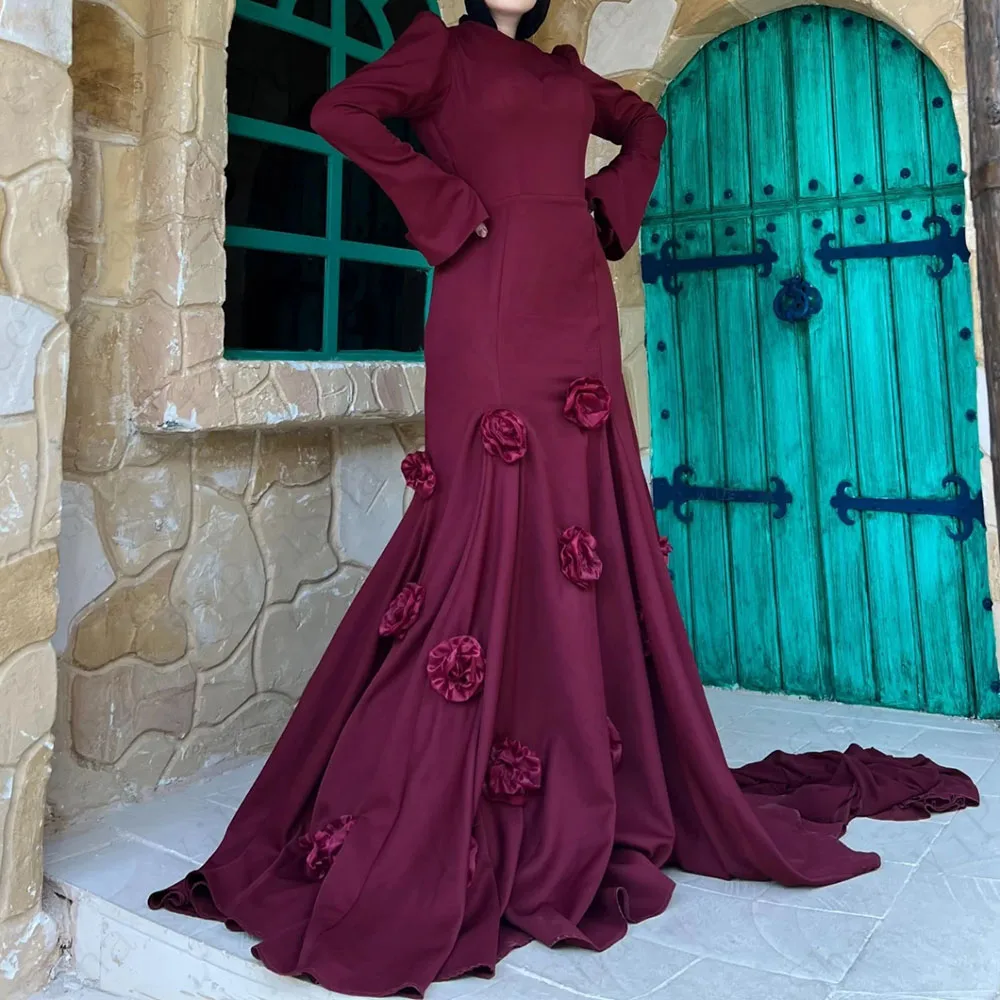 ที่กําหนดเอง Mermaid Prom Dresses ความยาว O - Neck แขนยาวชุดราตรีแฟชั่นดอกไม้ Simple Draped Casual Party Gown