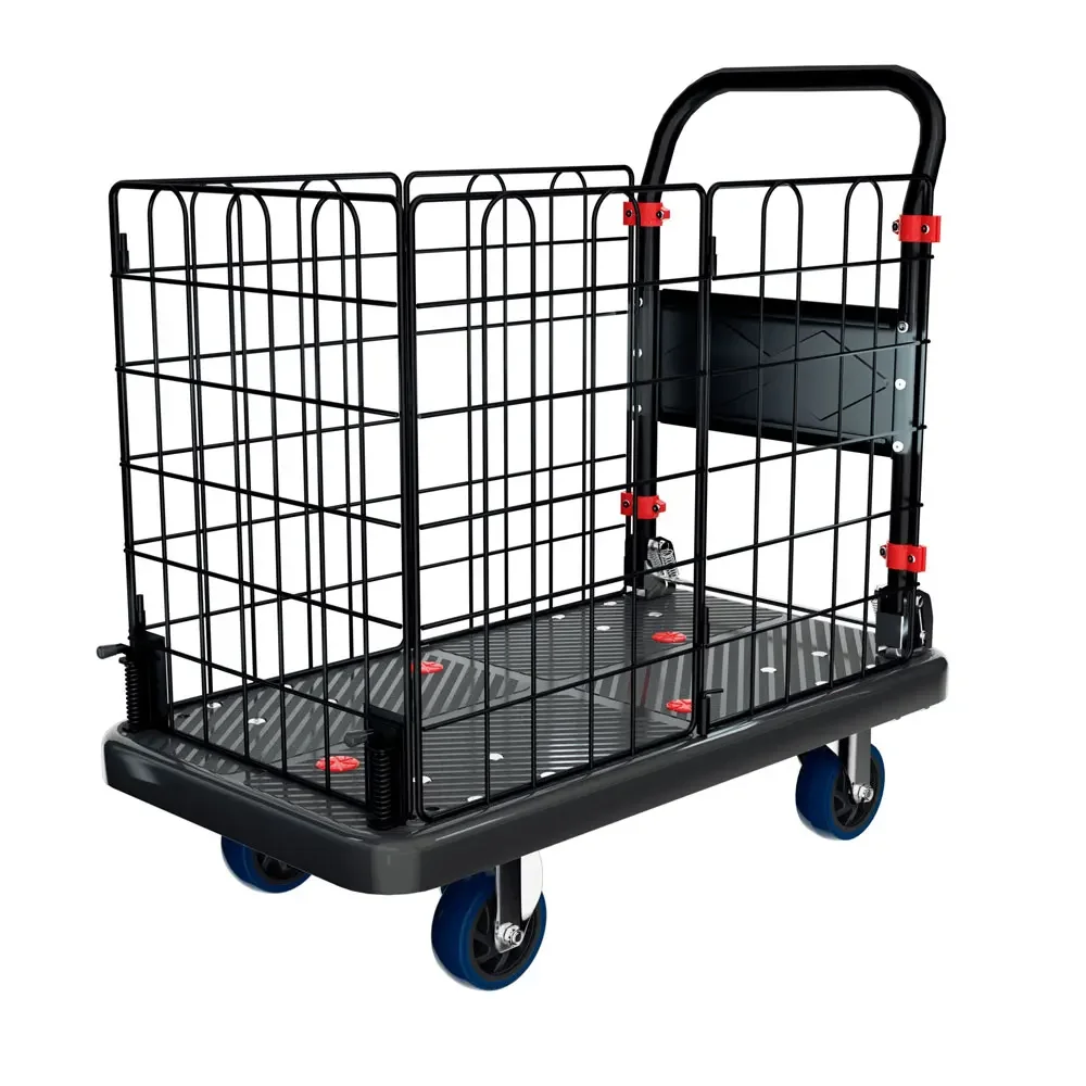 2026 Wholesale Black 150kg 250kg Heavy Duty Industrial Wire Mesh Plastic Platform Fence Hand Trolley Cart