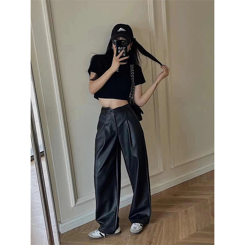 

High Waist Leather Pants Real eepskin Wide Leg Pants Faionable Straight Cut Autumn Winter Women's Premium Quali Trousers
