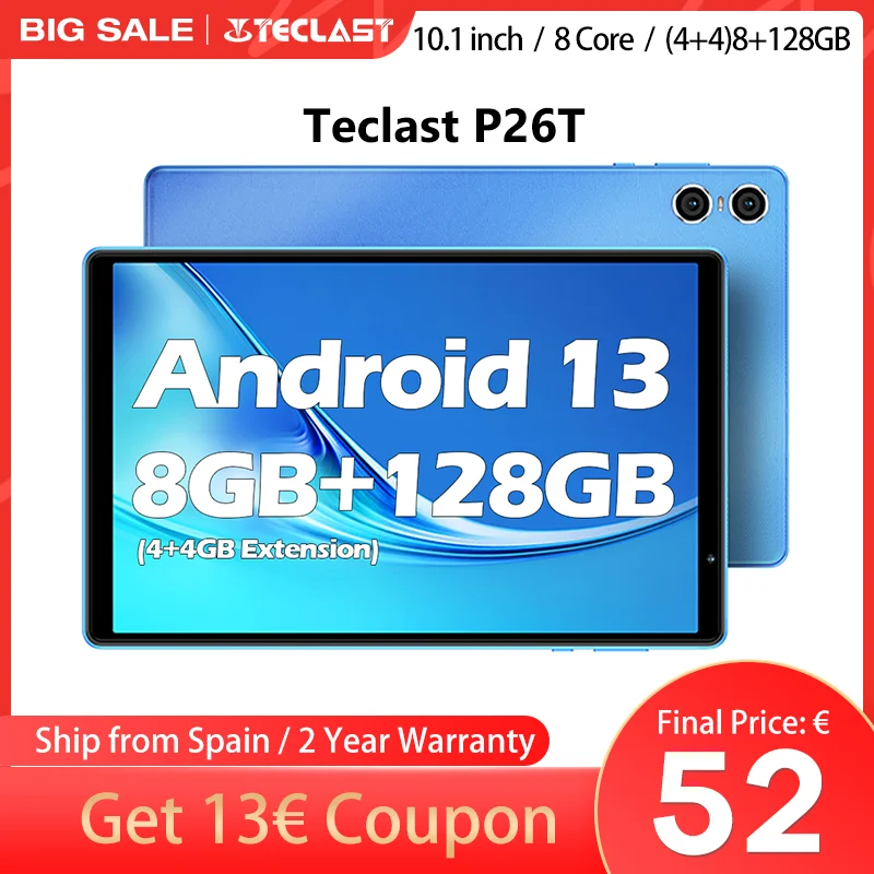 TECLAST P26T 10.1 \'\'tablet, (4 + 4)Max.8GB RAM, 128GB ROM, Android 13, Allwinner A523, 8 cores, Mali-G57, 6000mah, 5MP + 2MP, supports TF up to 1TB,