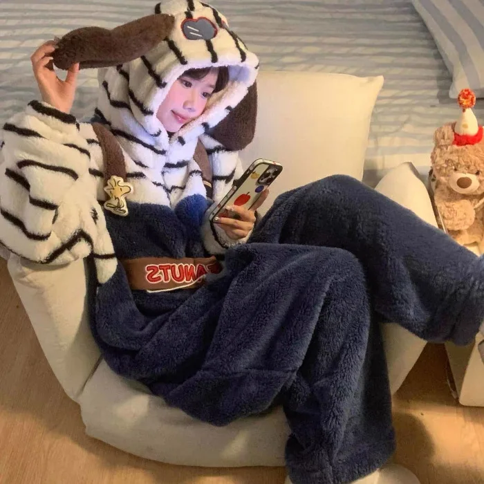 Женские пижамы-комбинезоны Artoon Snoopy, длинная полоска для девочек, большие размеры, утепленная теплая домашняя одежда для подростков и взрослых