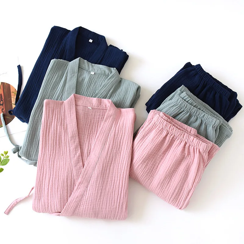 2026 New Japanese Kimono Set Cotton Pajamas Two-piece Couple Yukata Loose Men's Women's Sweat Steaming Suit Home Service Set