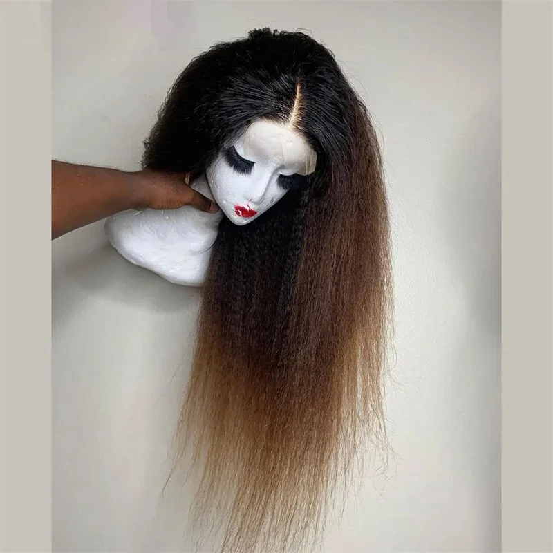 Perruque Lace Front Wig Yaki crépue lisse sans colle pour femme, 26 pouces, cheveux de bébé, brun ombré, densité 180, longue, pré-plumée, 03/3