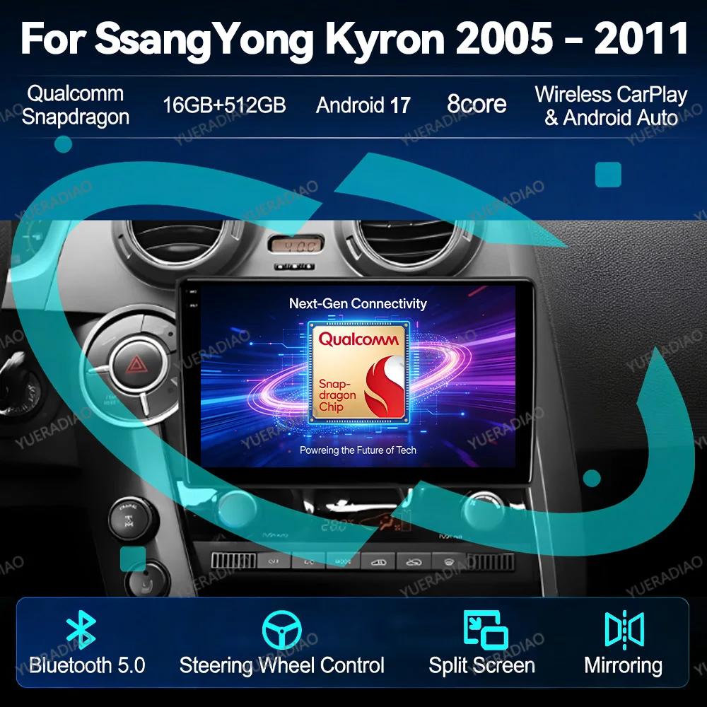 Android 17 Car Radio For SsangYong Kyron Actyon C100 2005 2006 2007 - 2011 Carplay & Android Auto 4G WIFI 2K QLED BT Double Din