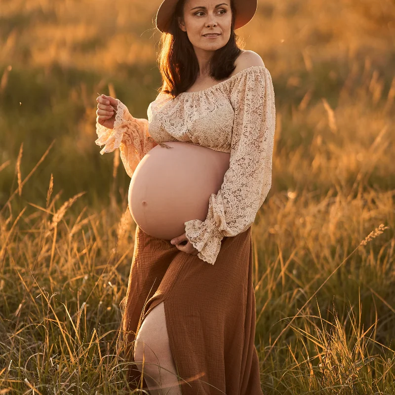 Vintage Boho Photography Two Piece Maternity Dress Lace Top and Linen Cotton Skirt Pregnancy Session Gown Photo Shoot