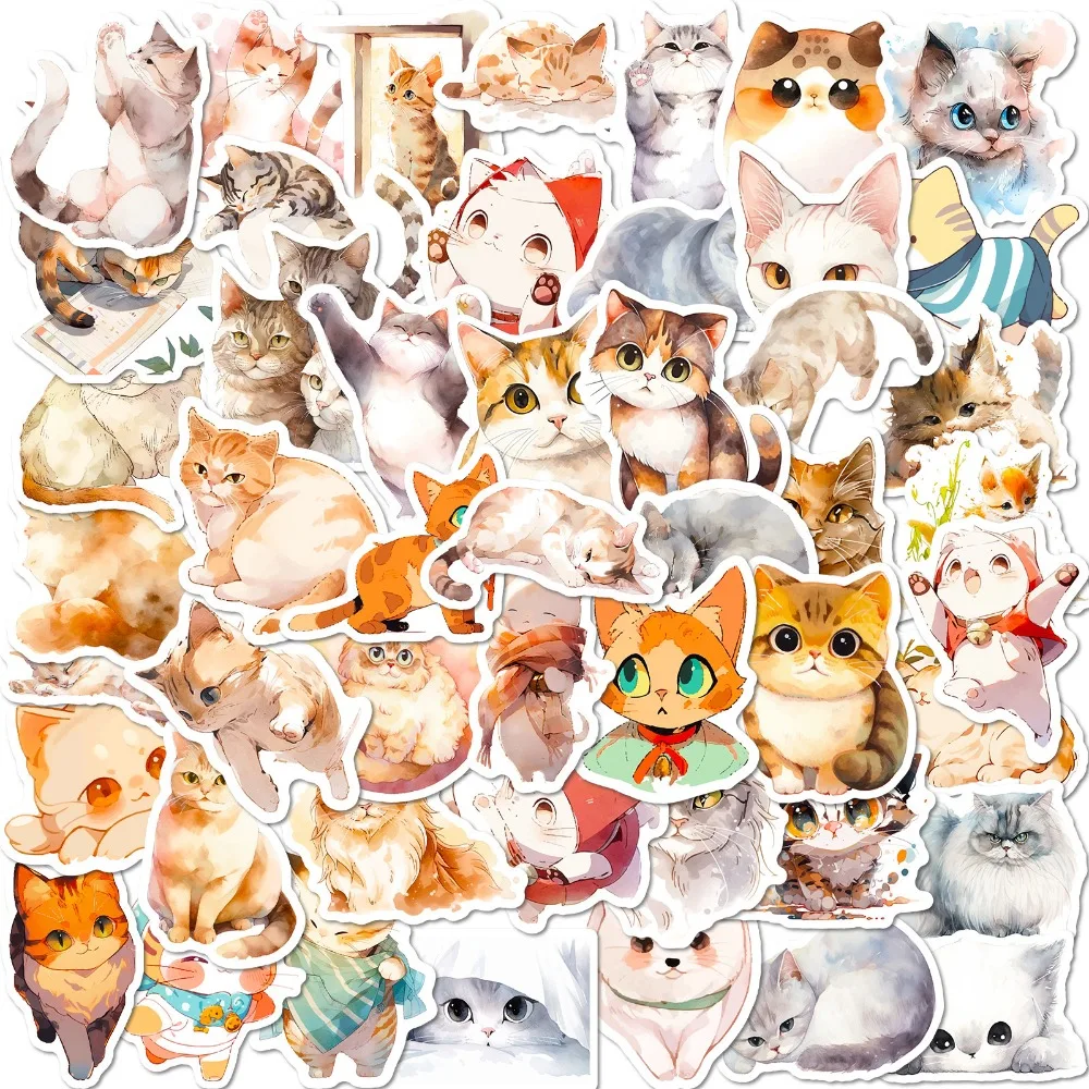 

50 Pcs Aesthetic Watercolor Kawaii Cat Stickers, Cute Cartoon Waterproof Decals for Luggage Guitar Scrapbooking Journal Gift