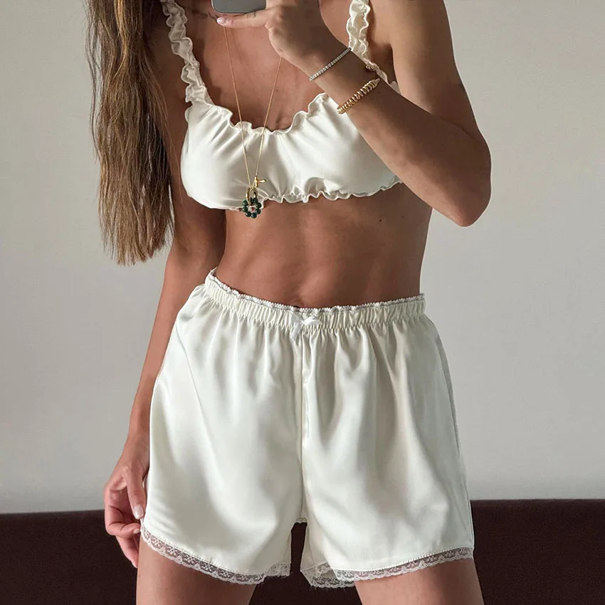 Hiloc Sexy Black Crop Top Camisole With Lace Elastic Waist Shorts 2 Piece Set Pajamas Woman Home Backless Outfits Sleepwear 2025