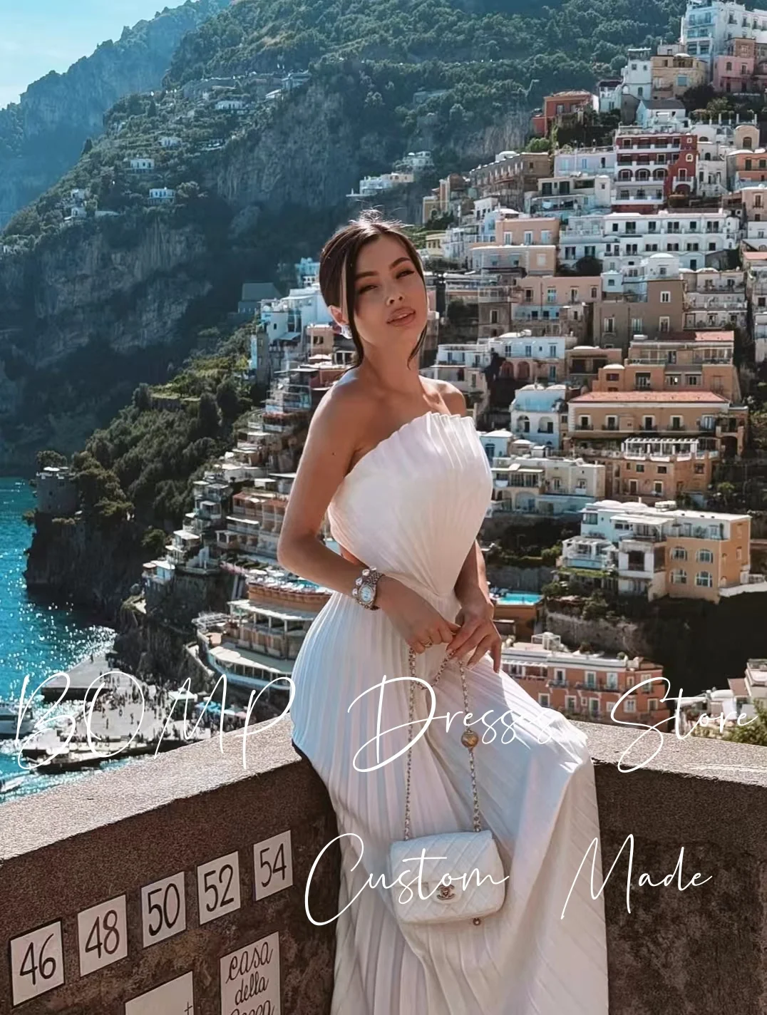 فساتين سهرة أنيقة بطيات من BOMP بدون حمالات بدون ظهر على شكل حرف A طول الأرض من الساتان الأبيض مناسبة خاصة فستان مخصص بسيط