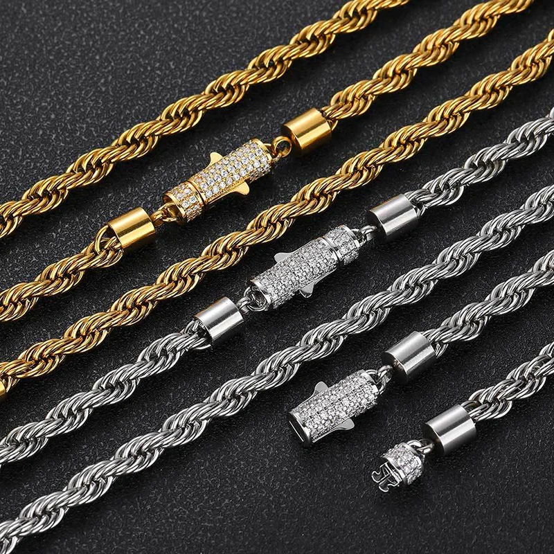 6mm Titanium Steel Twist Rope Chain Link Necklaces for Men Women Unisex Hip Hop Bling Iced Out Rock jewelry Gold Silver Color