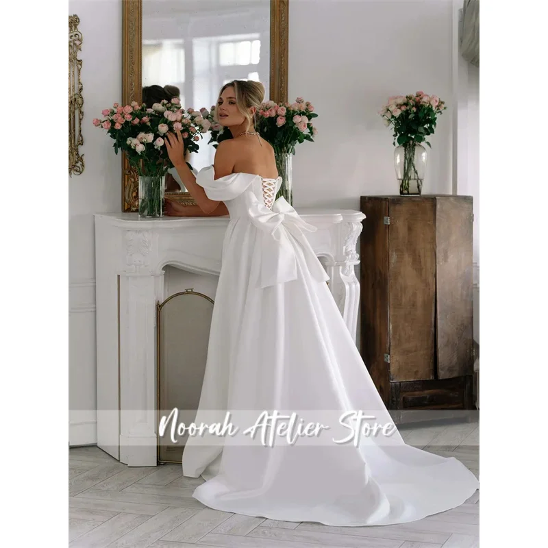 Customized Off Shoulder Neckline A-Line Wedding Dress Elegant Lace-up Back With Big Bow Floor Length Sweep Train Gown For Bride