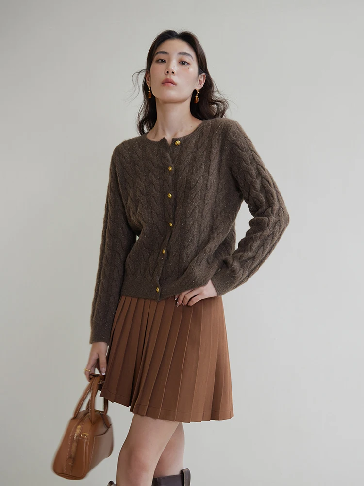 DUSHU Round Neck Brown Temperament Cardigans Simple Cable knit Winter New Female Beige Sweaters Short Single Breasted Jackets