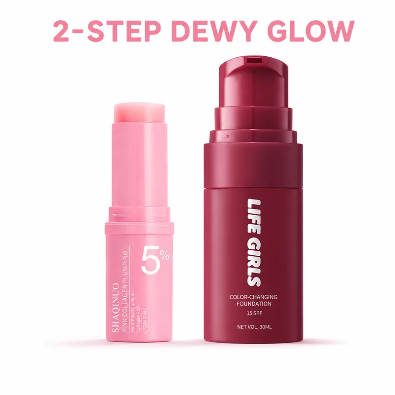 2PCS Makeup Set Color Changing Foundation SPF15, Collagen Plumping Lip Balm Lightweight Coverage Moisturizing Gloss Long Lasting