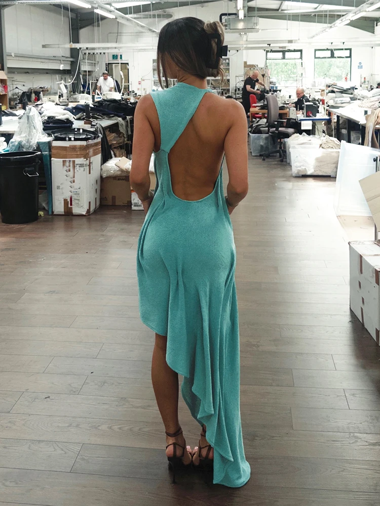 Sisterlinda Trend Mode Sexy Langes Kleid Damen Rückenfrei O-Ausschnitt Ärmellos Unregelmäßiger Saum Urlaub Gerafftes Elegantes Kleid – Detail 25