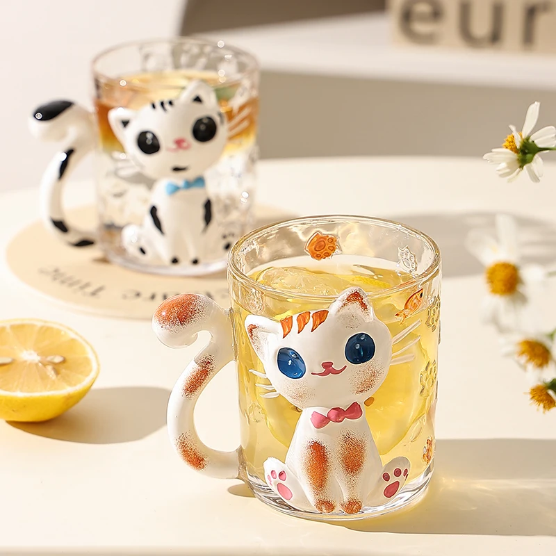 Embossed Hand-painted Cup Creative High Appearance Level Heat-resistant Glass Cat Couple Cup Birthday Gift Children's Water Cup