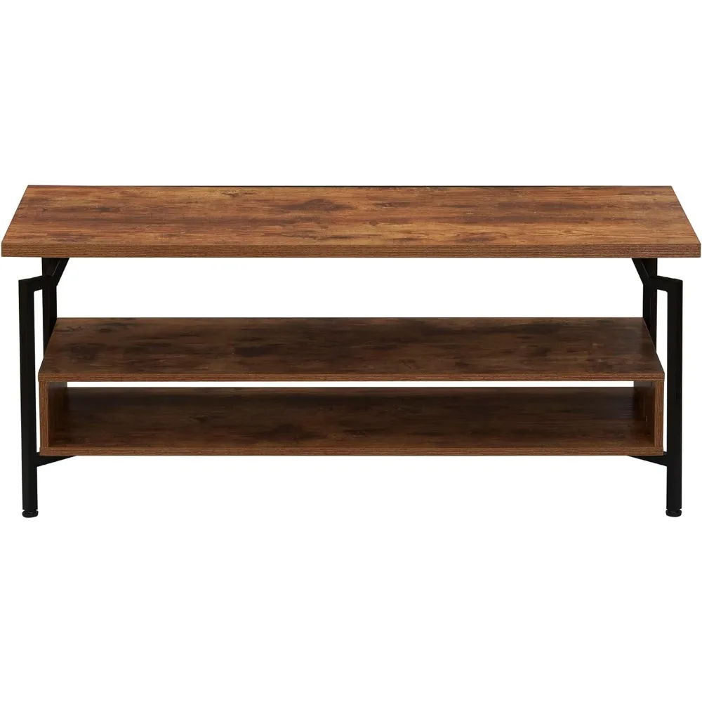 Crown TV Stand with Rectangular Storage Compartment Rustic Hickory Wood Grain and Black Metal