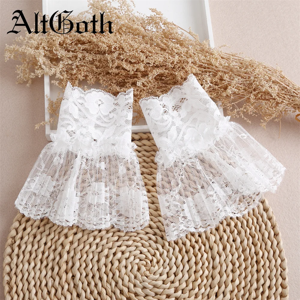 AltGoth New Fake Sleeves for Women Autumn Winter Sweater Dethachable Cuffs Decorative Lace Floral Embroidery Pleated Wrist Femme