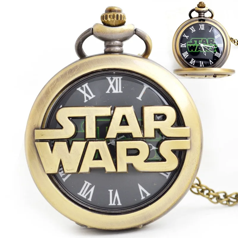 Reloj de bolsillo de película Star Wars, reloj de pared de cuarzo de bronce, reloj colgante para niñas y niños, cadena con cadena, relojes colgantes de dibujos animados de cuarzo