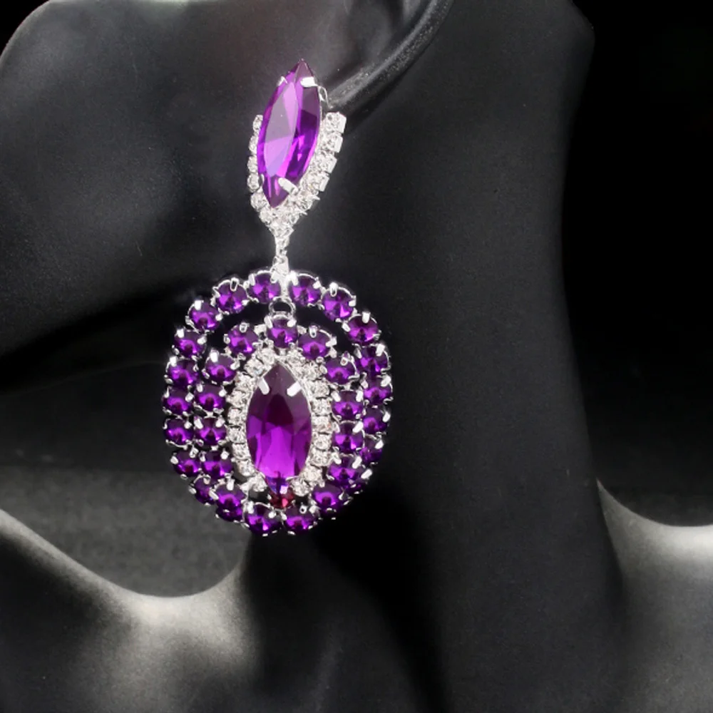 Stonefans Exquisite Purple Crystal Large Hanging Earrings for Women Statement Drag Queen Geometric Rhinestone Earrings Jewelry